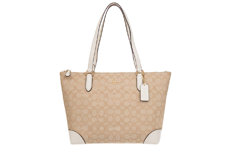 COACH Leather Tote Bag, Shopping Bag, Handbag, Shoulder Bag Women's White & Khaki Monogram