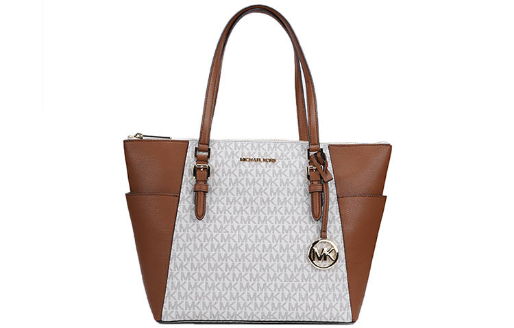 MICHAEL KORS Charlotte PVC With Leather Tote Bag, Shopping Bag, Handbag, Shoulder Bag Women's Vanilla Multicolor