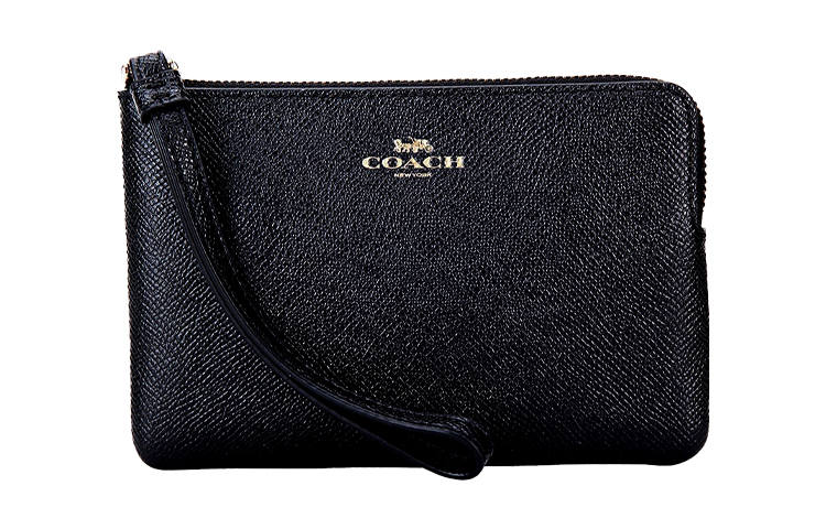 COACH Corner Zip Cow Leather Clutch Wrist Bag Mini Women's Black