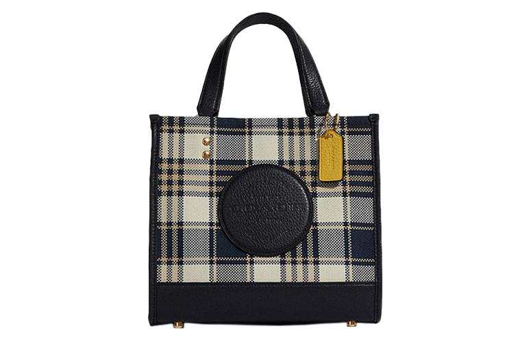 COACH Dempsey Fabric With Cow Leather Handbag, Shoulder Bag, Crossbody Bag Small Women's Dark Navy Blue Beige Plaid