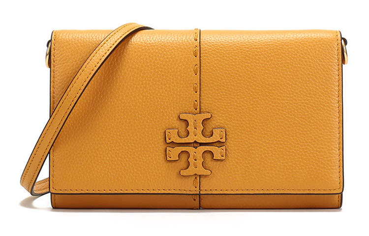 TORY BURCH McGraw Casual Cow Leather Clutch, Crossbody Bag, Shoulder Bag Women's Orange Yellow
