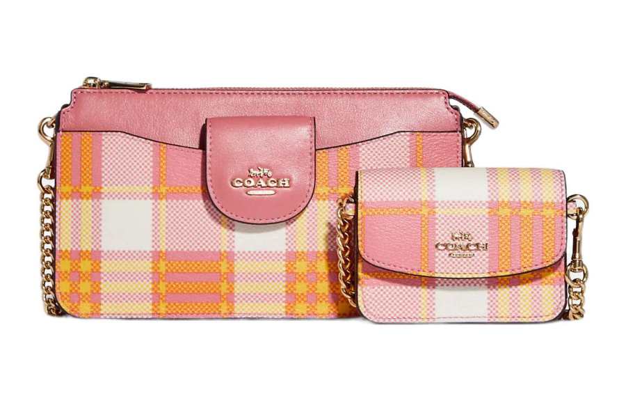 COACH POPPY Coated Canvas With Leather Crossbody Bags Small Women's Toffee Pink & Gold Zippers
