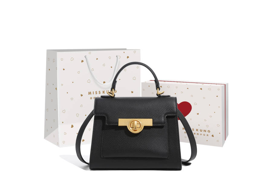 Miss Kung Cow Leather Kelly Bag, One Shoulder Handbag Medium Women's Black