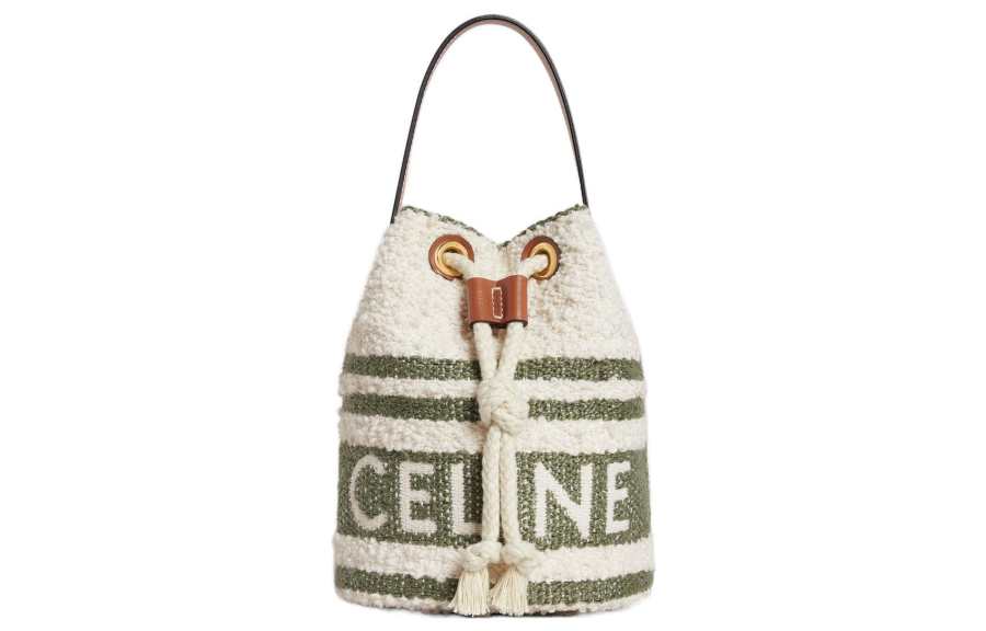 CELINE Fabric With Cow Leather Bucket Bag Handbag Small Women's Khaki Green/Tan