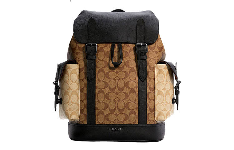 COACH COACH Hudson Canvas With Leather Backpack Large Men's Khaki & Brown & Black
