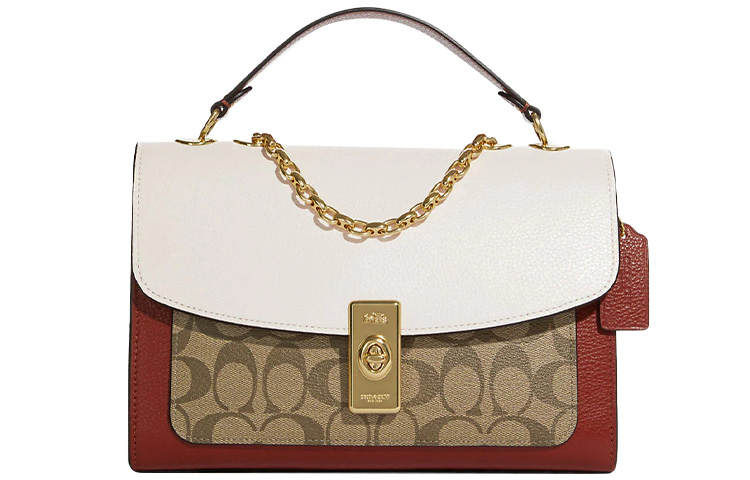 COACH Lane Cow Leather Handbag, Shoulder Bag, Crossbody Bag Medium Women's Light Khaki & White