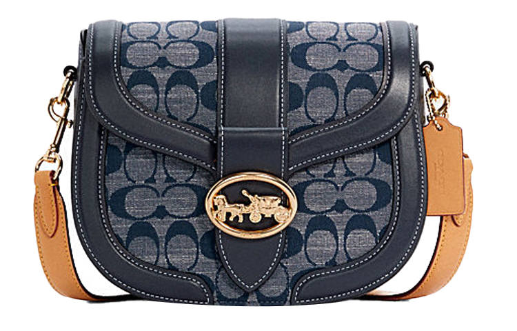 COACH Georgie Linen With Calfskin Saddle Bag, Crossbody Bag, Shoulder Bag Small Women's Denim Blue