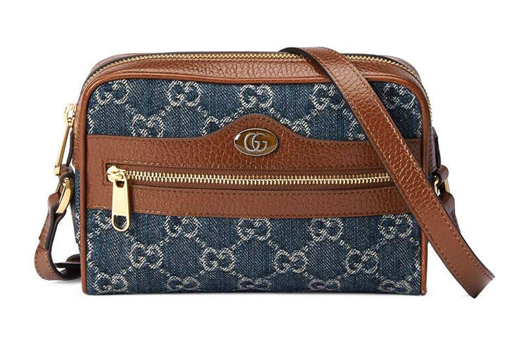 GUCCI Ophidia Denim With Leather Camera Bag, Crossbody Bag, Shoulder Bag Women's Dark Blue & Ivory White