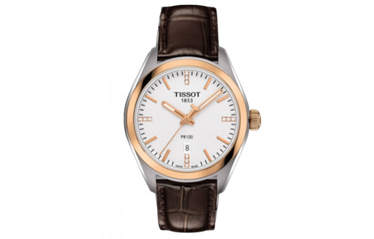TISSOT PR100 Collection Quartz Movement Women's Watch 33mm White Dial Stainless Steel Case Leather Strap