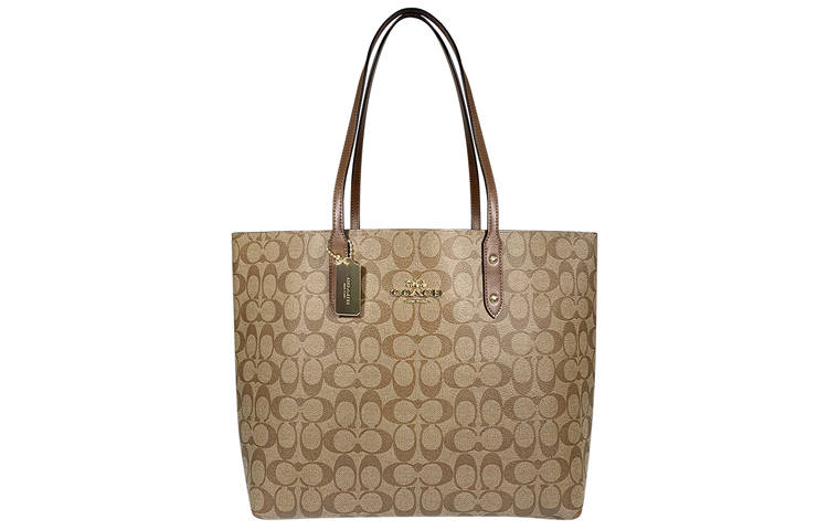 COACH Town Coated Canvas With Leather Tote Handbag, Shoulder Bag Large Women's Khaki Brown Monogram