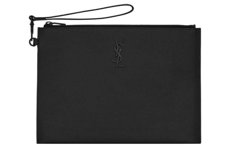 SAINT LAURENT Zip Closure Grain Embossed Leather, Cow Leather Clutch Women's Black