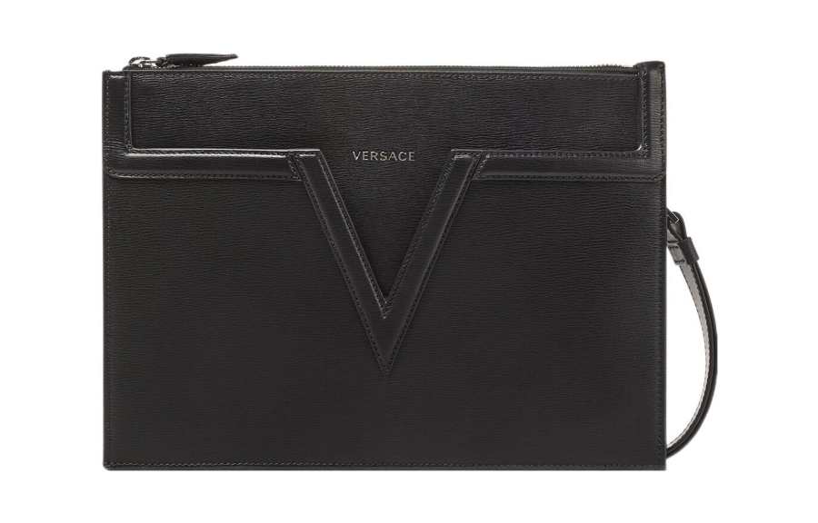 VERSACE VERSACE Grain Calfskin Clutch Men's Black