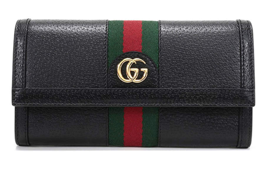 GUCCI Ophidia Leather Long Flap Wallet Women's Black Red Green Stripes