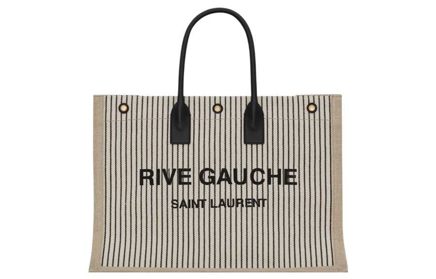 SAINT LAURENT Rive Gauche Fabric With Cow Leather Tote Bag, Shopping Bag, Handbag Unisex Butter Gray/Black