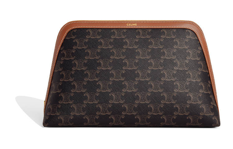CELINE Triomphe Cow Leather Makeup Bag Large Women's Tawny