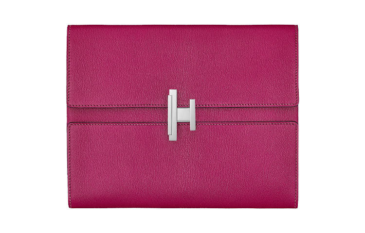 HERMES Cinhetic Metal Accessories Chevre Mysore Goatskin Clutch Women's Rose Red