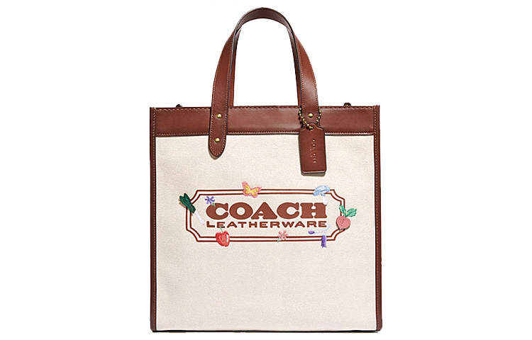 COACH Cow Leather Tote Bag, Shopping Bag, Shoulder Bag, Crossbody Bag, Handbag Large Women's Red Brown & Ecru
