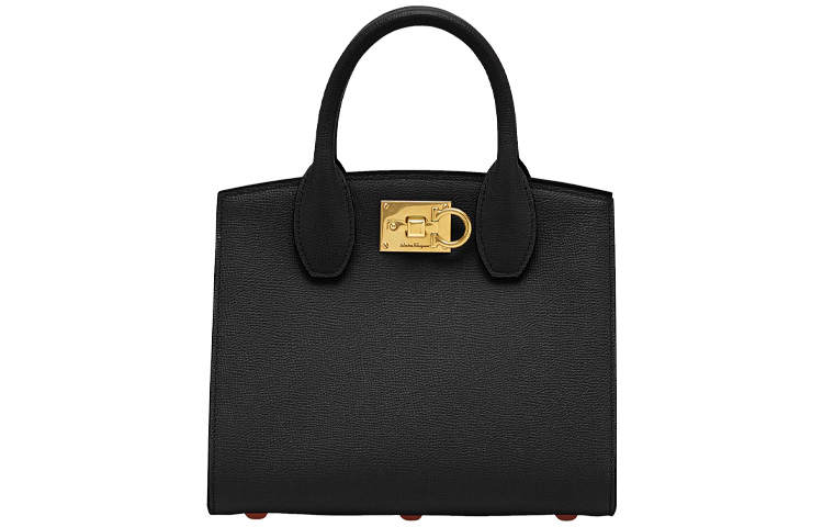 FERRAGAMO Studio Hammered Texture Calfskin Handbag Women's Black