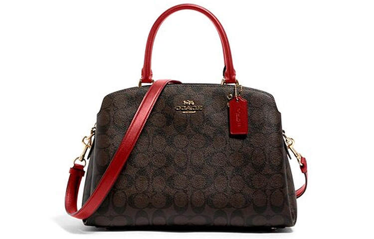 COACH Lillie Leather Shoulder Bag, Crossbody Bag, Handbag Women's Khaki & Red
