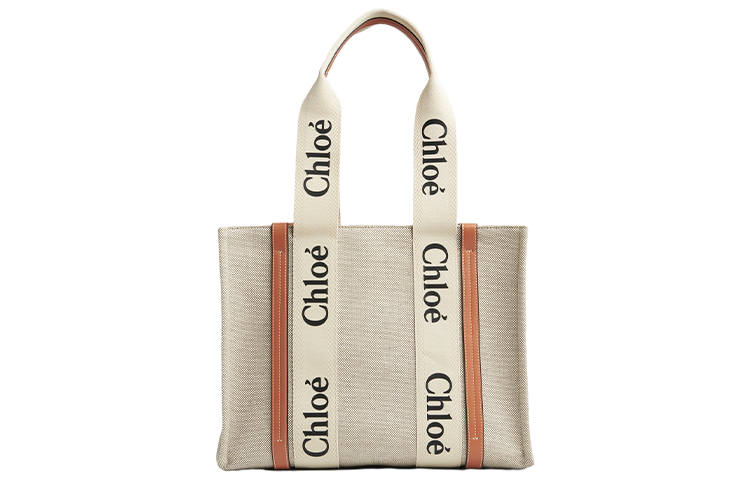 Chloé Chloe Woody Webbing Patchwork Smooth Finish Calfskin Tote Bag, Shopping Bag, Shoulder Bag, Handbag Medium Women's