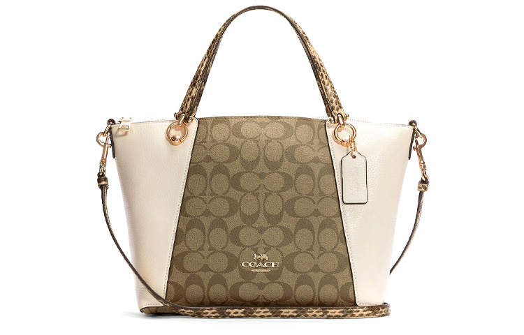 COACH Classic Snakeskin Print Leather Dumpling Bag, Crossbody Handbag Small Women's Khaki Monogram & White