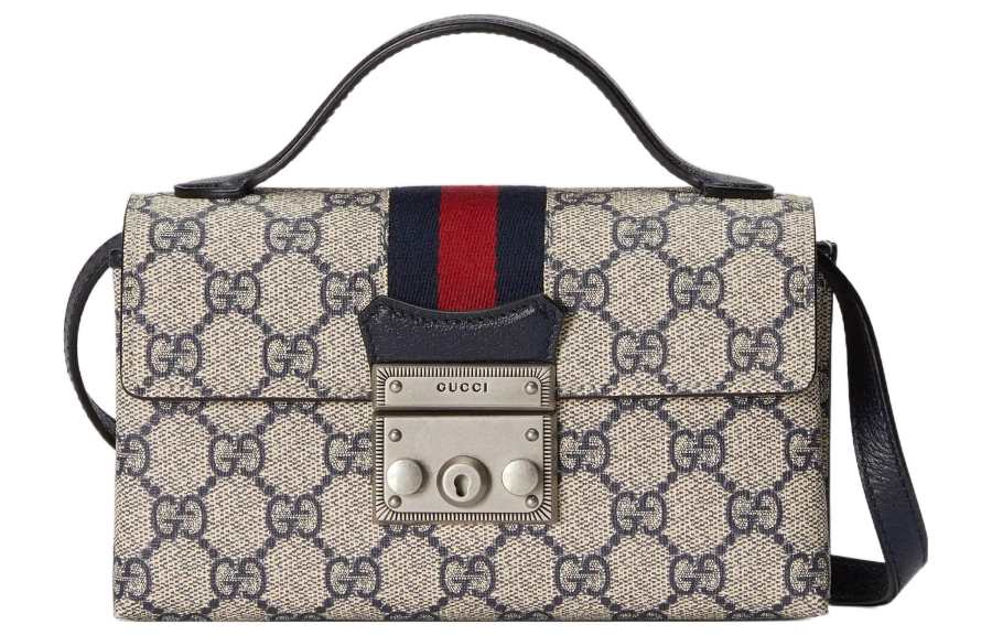 GUCCI Padlock Canvas With Leather Box Bag, Crossbody Handbag, Shoulder Bag Mini Women's Beige & Blue