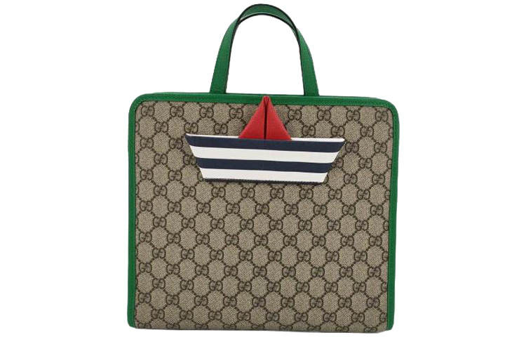 GUCCI Canvas With Leather Tote Bag, Shopping Bag, Handbag Kids' Ebony & Green & Multicolor