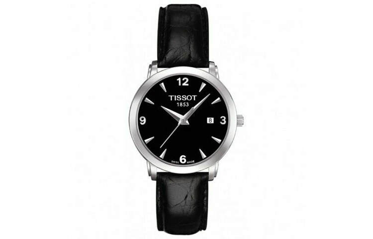 TISSOT Meishi Collection Quartz Movement Women's Watch 28mm Black Dial Stainless Steel Case Leather Strap