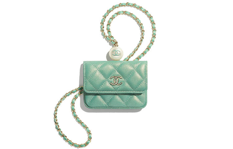 CHANEL Litchi Cow Leather Necklace Pouch Small Women's Green