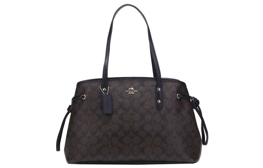 COACH Drawstring Canvas With Leather Catfish Bag, Handbag, Shoulder Bag Women's Dark Brown Monogram