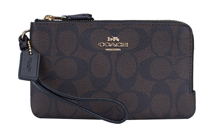 COACH Corner Zip Monogram Canvas With Leather Mahjong Wrist Clutch Mini Women's Black Brown