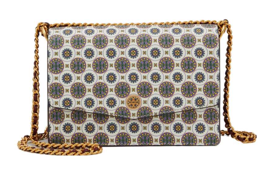 TORY BURCH Robinson Cow Leather Chain Shoulder Bag, Crossbody Bag Mini White Multicolor