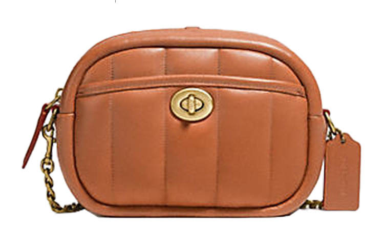 COACH Camera Leather Camera Bag, Small Square Bag, Crossbody Bag, Shoulder Bag Small Women's Caramel Brown
