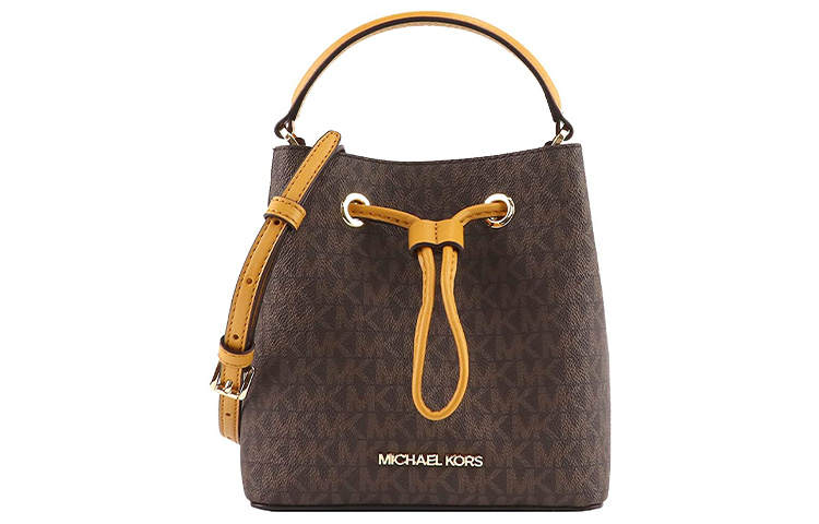 MICHAEL KORS Suri Leather Bucket Bag, Handbag, Shoulder Bag, Crossbody Bag Small Women's Brown & Light Yellow