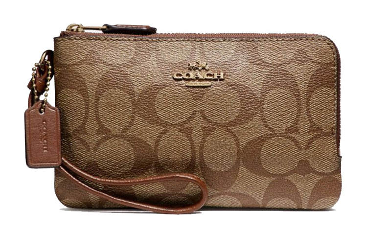 COACH Corner Zip PVC Wrist Bag Clutch Pochette Handbag Small Women's Brown
