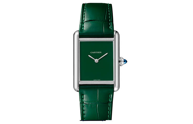 CARTIER TANK DE Quartz Movement Unisex Watch 25.5*33.7mm Green Dial Stainless Steel Case Crocodile Leather Strap