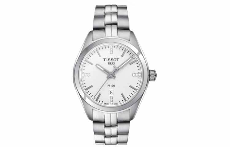TISSOT PR100 Collection Quartz Movement 100m Waterproof Women's Watch White Dial Stainless Steel Case