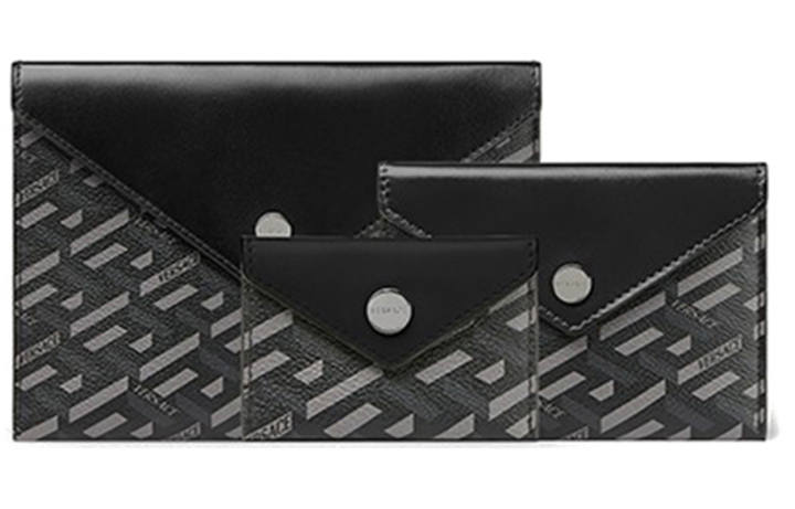 VERSACE VERSACE Coated Canvas With Leather Multi Purpose Clutch Bag Unisex Black & Gray