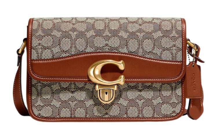 COACH Studio Jacquard And Glove Tanned Leather Shoulder Bag, Crossbody Bag Medium Women's Monogram Color & Amber Brown