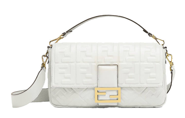 FENDI Baguette Leather Crossbody Bag, Shoulder Bag Large Women's White