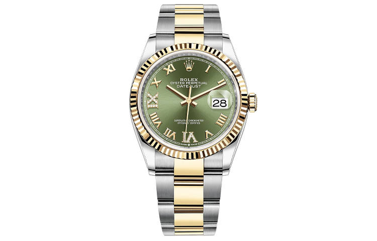 ROLEX Fluted Bezel Two Tone Datejust Collection Automatic Mechanical Movement Unisex Watch 36mm Green Dial