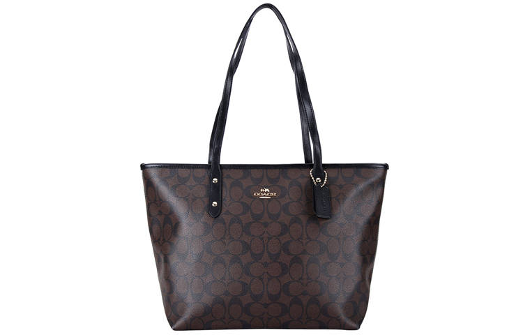 COACH City Zip Tote Coated Canvas Tote Bag, Shopping Bag, Handbag, Shoulder Bag Large Women's Brown Black