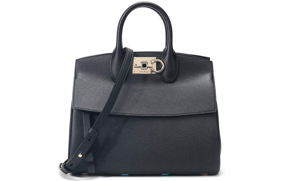 FERRAGAMO Studio Lock Closure Cow Leather Shoulder Bag, Crossbody Bag, Handbag Women's Black