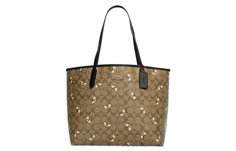 COACH City Canvas With Leather Tote Bag, Shopping Bag, Handbag, Shoulder Bag Large Women's Khaki With Bee Print