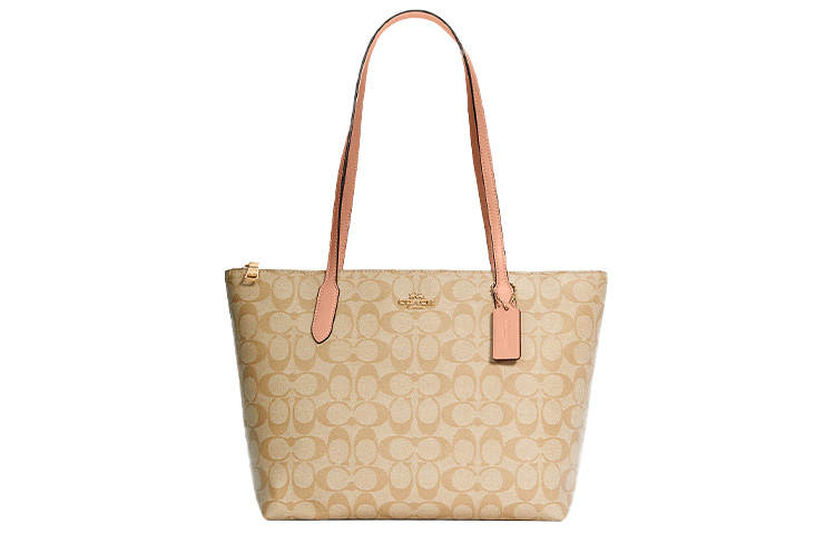 COACH Zip Top Tote Canvas With Leather Handbag, Shoulder Bag Medium Women's Light Khaki & Cherry Blossom Pink