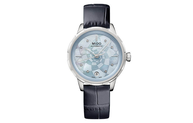 MIDO Rainflower Automatic Mechanical Movement Women's Watch 34mm Blue Dial Genuine Leather Strap