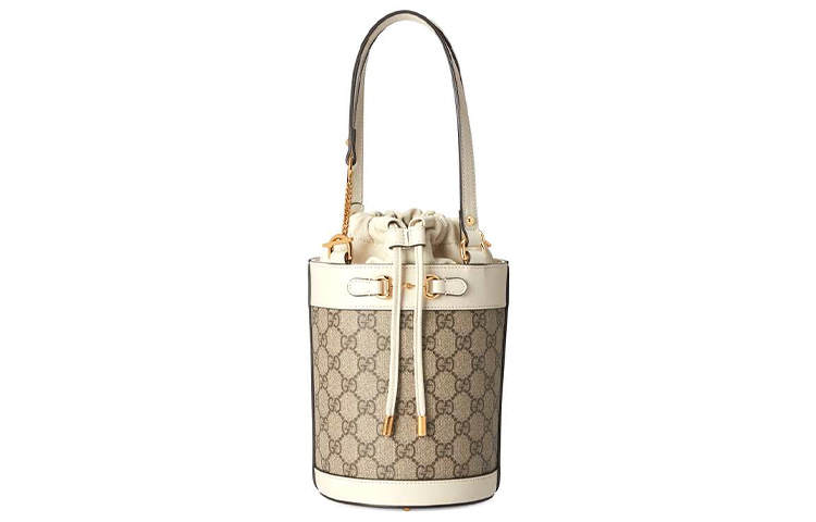 GUCCI Horsebit 1955 Canvas With Leather Bucket Bag, One Shoulder Handbag Small Women's Ebony/White