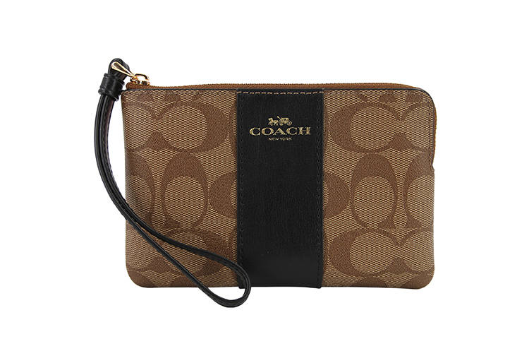 COACH Corner Zip Leather Pochette Clutch Coin Wrist Bag Wallet Small Women's Black & Brown