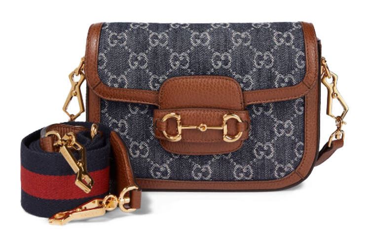 GUCCI Horsebit 1955 Leather Trim With Denim Saddle Bag, Crossbody Bag, Shoulder Bag Women's