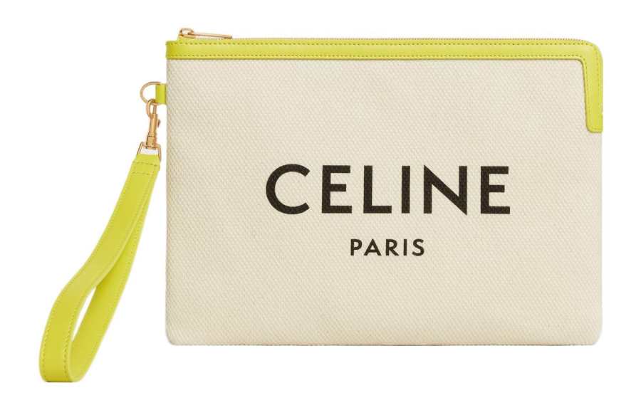 CELINE Cow Leather With Fabric Handbag Clutch Small Women's Beige Yellow